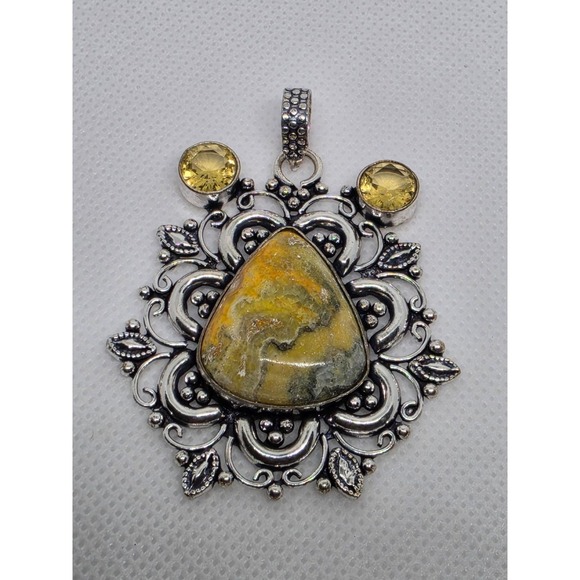 Jewelry - Bumble Bee Jasper and Citrine 925 Silver Plated Long Pendant Size 2.4"